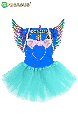 SET UNICORNO CELESTE 3PZ(CERCHIETTO,ALI E GONNA)